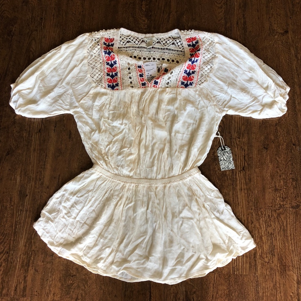 Off-White Peasant Tunic with crochet & embroidery